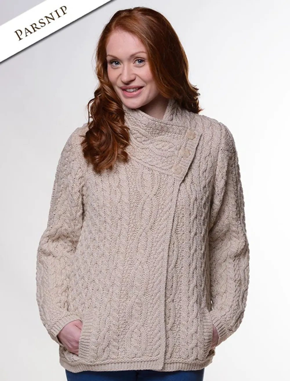 Online Aran Cable Crossover Neck Sweater Women Cardigans, Jackets & Coatigans