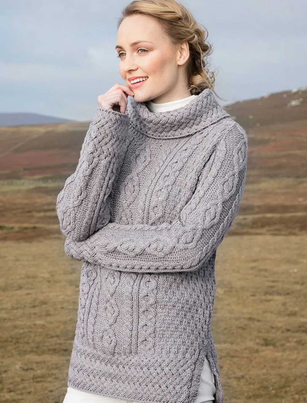 Online Aran Cowl Neck Tunic Sweater Women Sweaters
