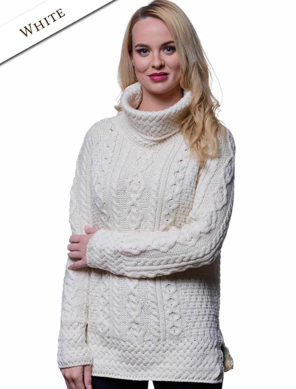 Online Aran Cowl Neck Tunic Sweater Women Sweaters
