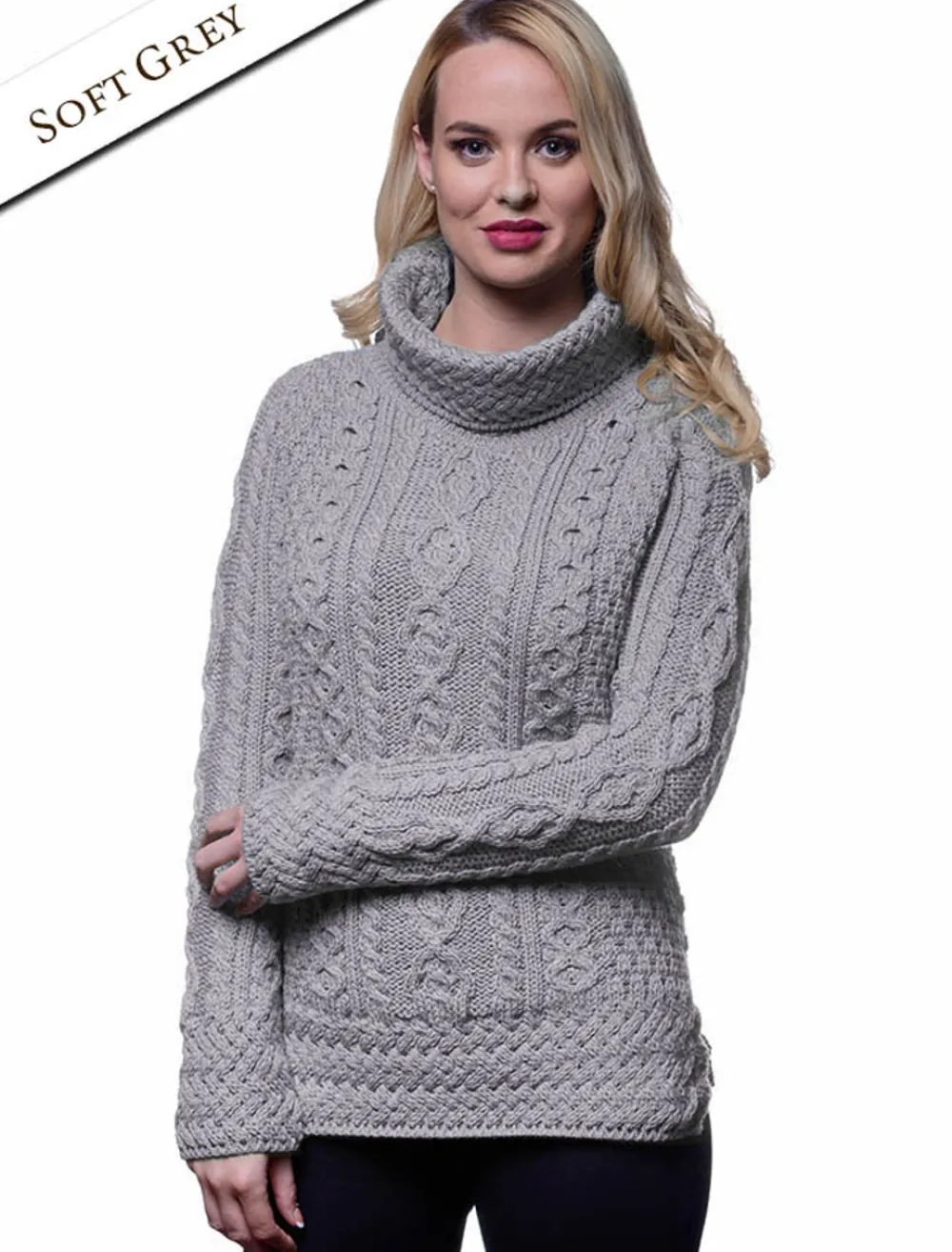 Online Aran Cowl Neck Tunic Sweater Women Sweaters