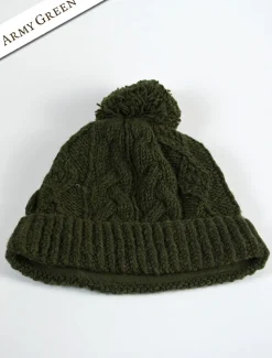 New Aran Fleece Lined Rib Cap with Bobble Irish Wool Hats