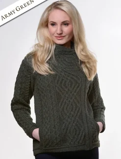 Discount Aran Jacket with Celtic Knot Side Zip Women Cardigans, Jackets & Coatigans