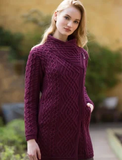 Online Aran Knit Coatigan with Celtic Knot Side Zip Women Cardigans, Jackets & Coatigans