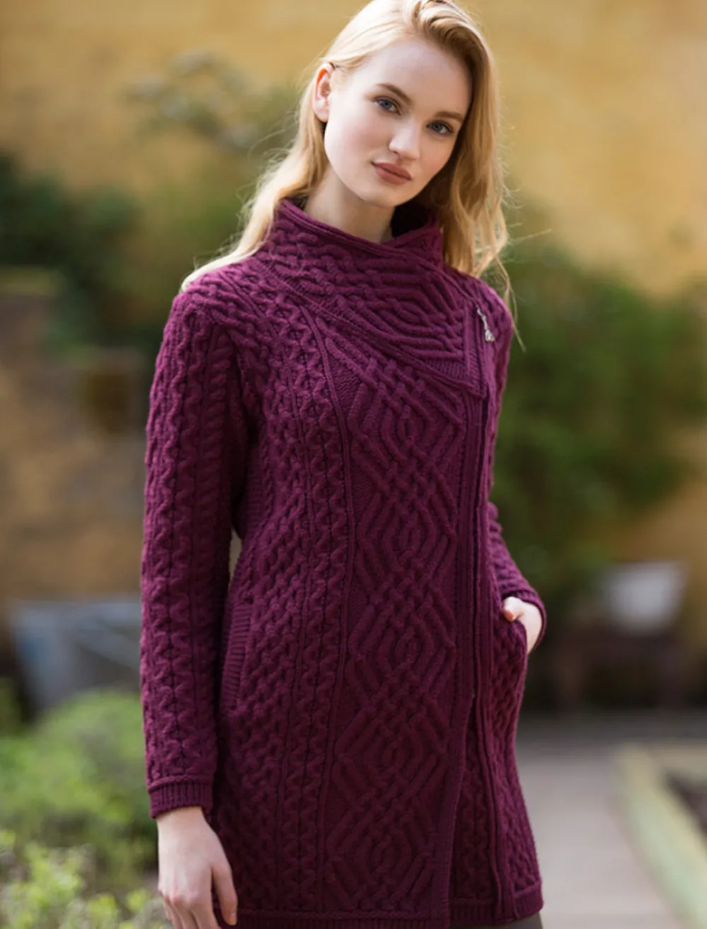 Online Aran Knit Coatigan with Celtic Knot Side Zip Women Cardigans, Jackets & Coatigans