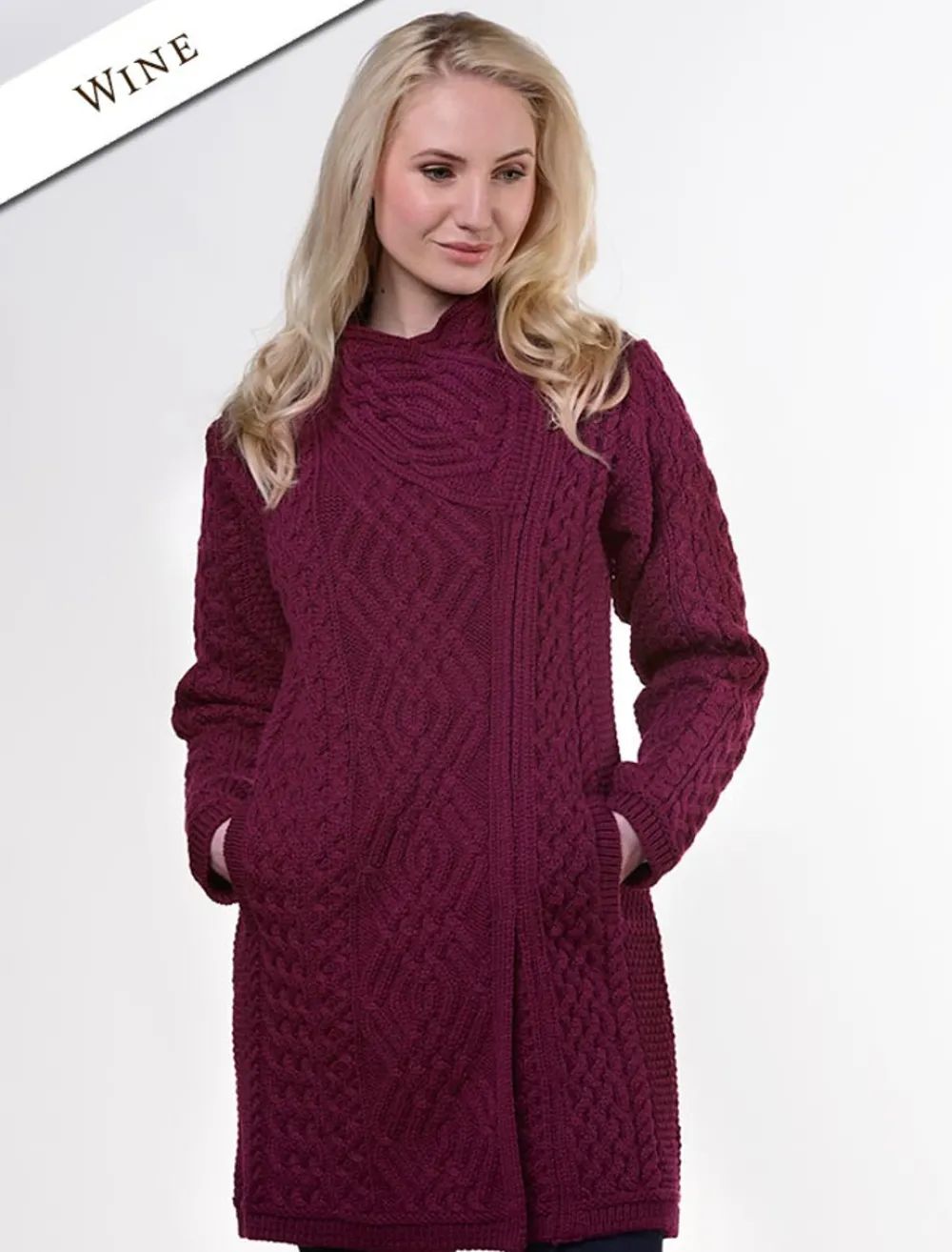 Online Aran Knit Coatigan with Celtic Knot Side Zip Women Cardigans, Jackets & Coatigans