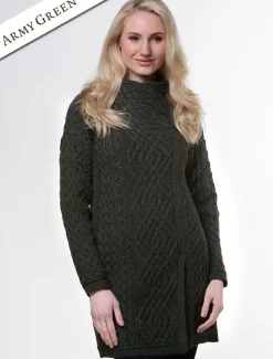 Online Aran Knit Coatigan with Celtic Knot Side Zip Women Cardigans, Jackets & Coatigans
