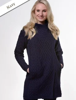 Online Aran Knit Coatigan with Celtic Knot Side Zip Women Cardigans, Jackets & Coatigans