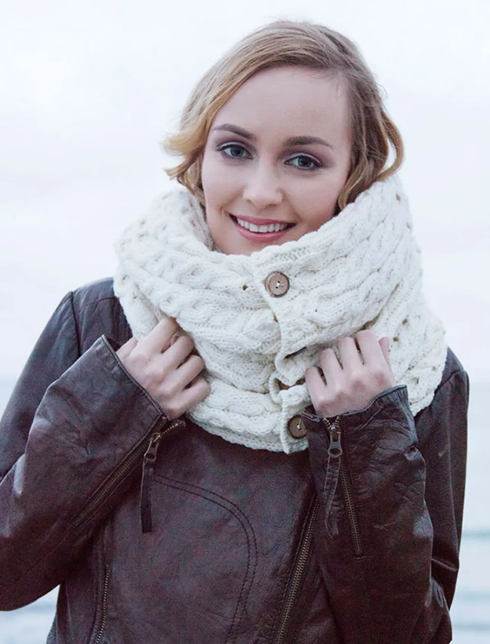 Best Aran Snood Scarf with Buttons Women Knitted Wool Scarves