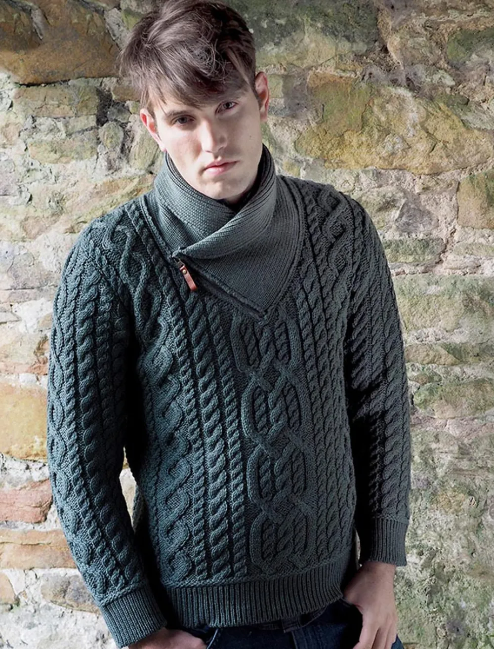 Best Sale Aran Zip Shawl Neck Sweater Sweaters