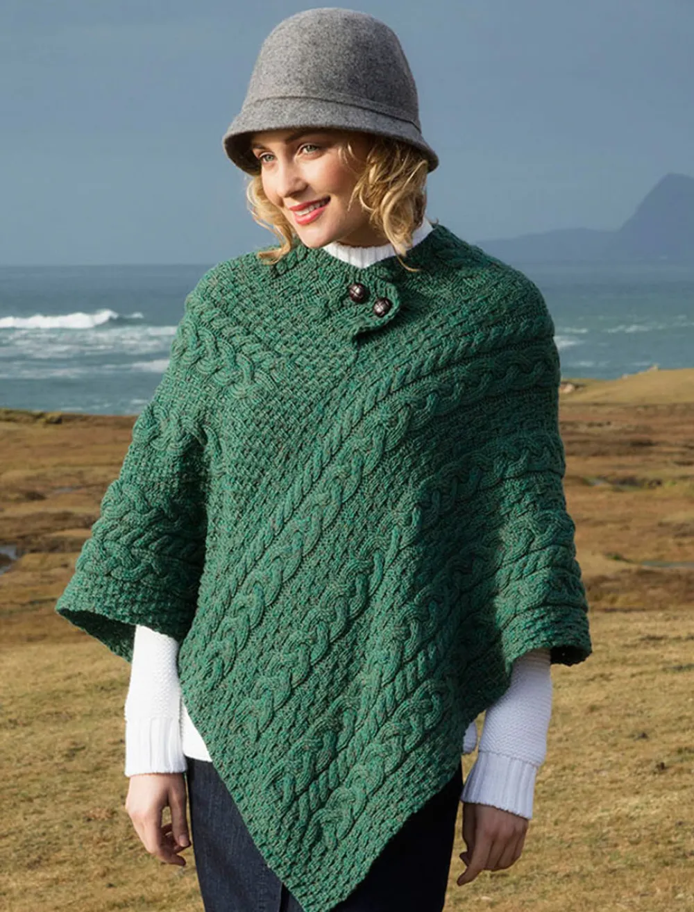 Fashion Cable Aran Poncho With Button Detail Women Ponchos, Capes & Shawls