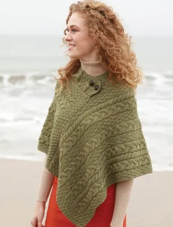 Fashion Cable Aran Poncho With Button Detail Women Ponchos, Capes & Shawls