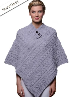 Fashion Cable Aran Poncho With Button Detail Women Ponchos, Capes & Shawls