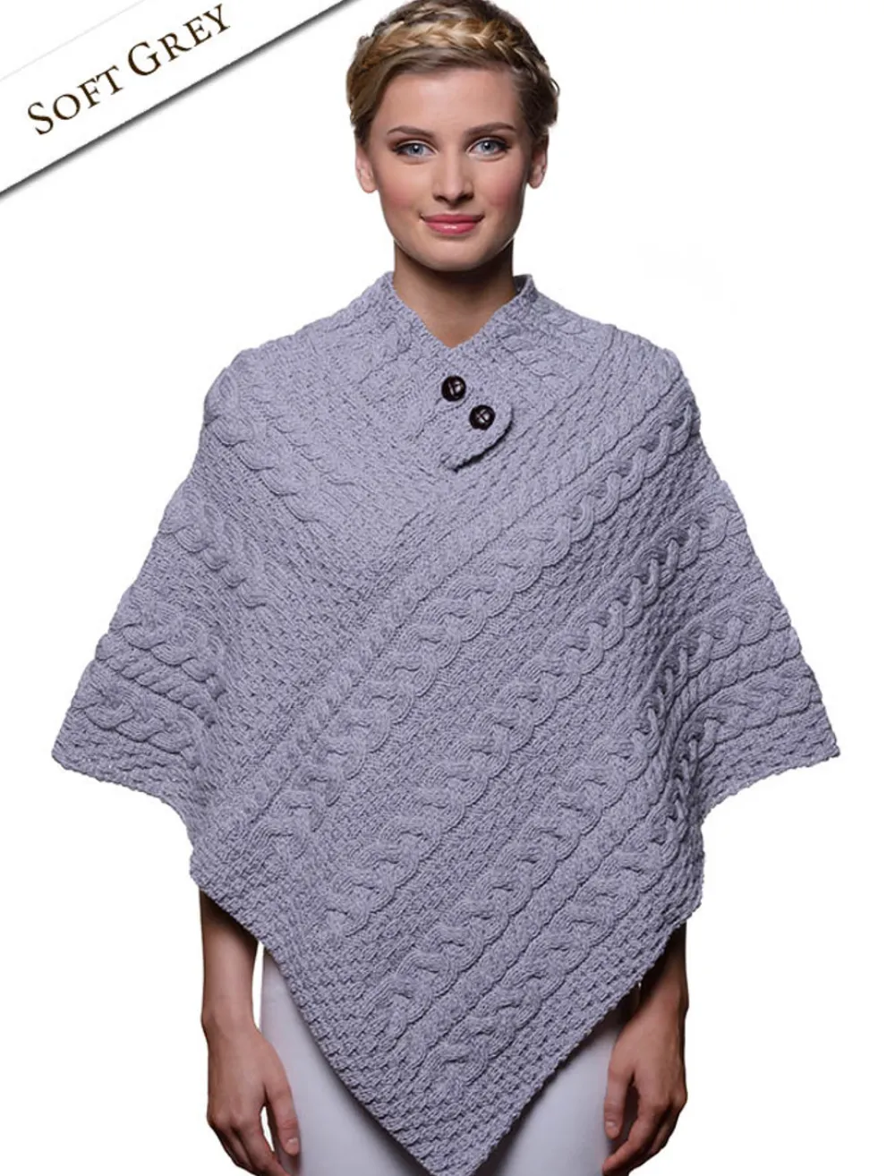 Fashion Cable Aran Poncho With Button Detail Women Ponchos, Capes & Shawls