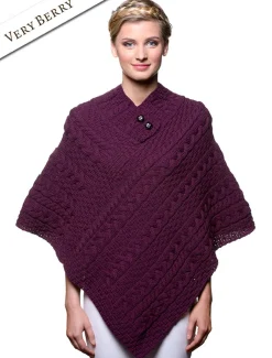 Fashion Cable Aran Poncho With Button Detail Women Ponchos, Capes & Shawls