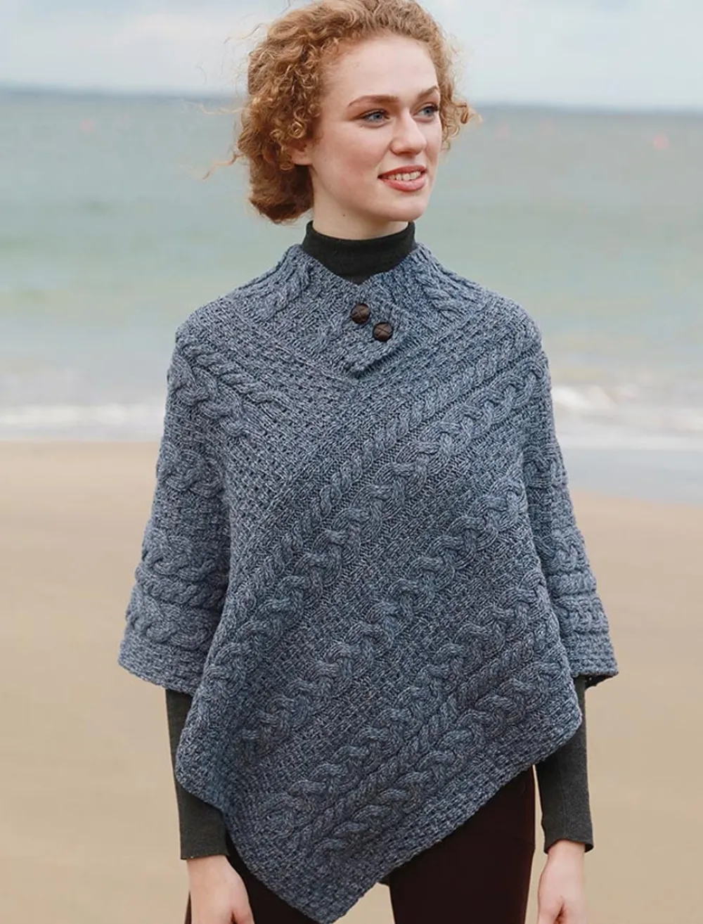 Fashion Cable Aran Poncho With Button Detail Women Ponchos, Capes & Shawls