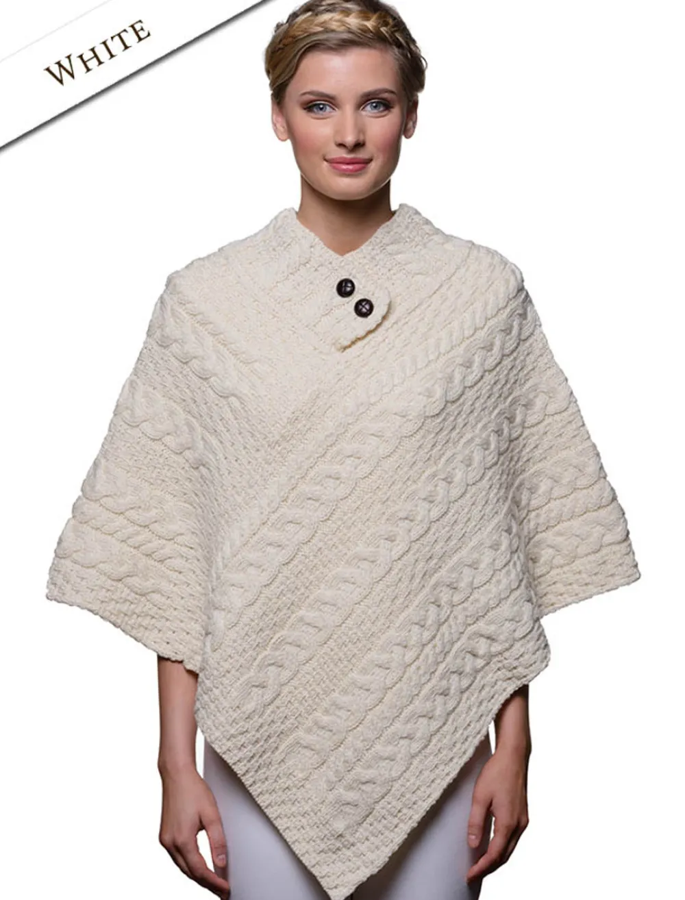 Fashion Cable Aran Poncho With Button Detail Women Ponchos, Capes & Shawls