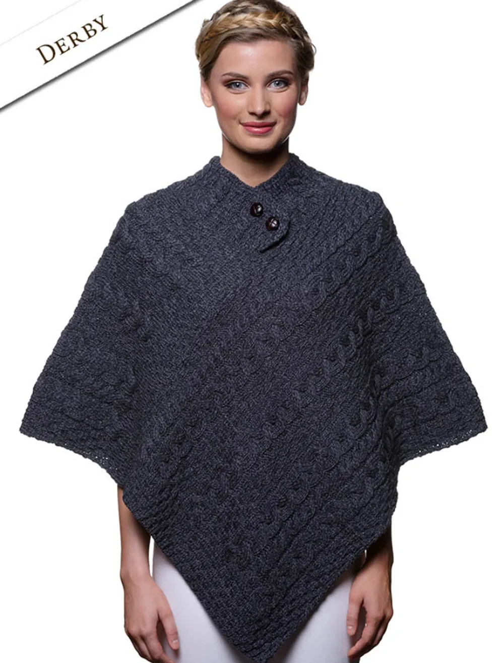 Fashion Cable Aran Poncho With Button Detail Women Ponchos, Capes & Shawls