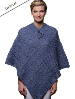 Fashion Cable Aran Poncho With Button Detail Women Ponchos, Capes & Shawls