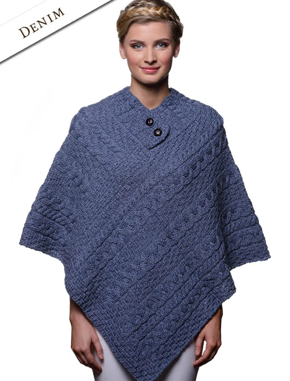 Fashion Cable Aran Poncho With Button Detail Women Ponchos, Capes & Shawls