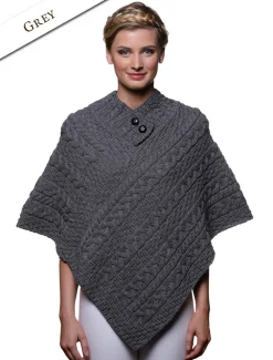 Fashion Cable Aran Poncho With Button Detail Women Ponchos, Capes & Shawls