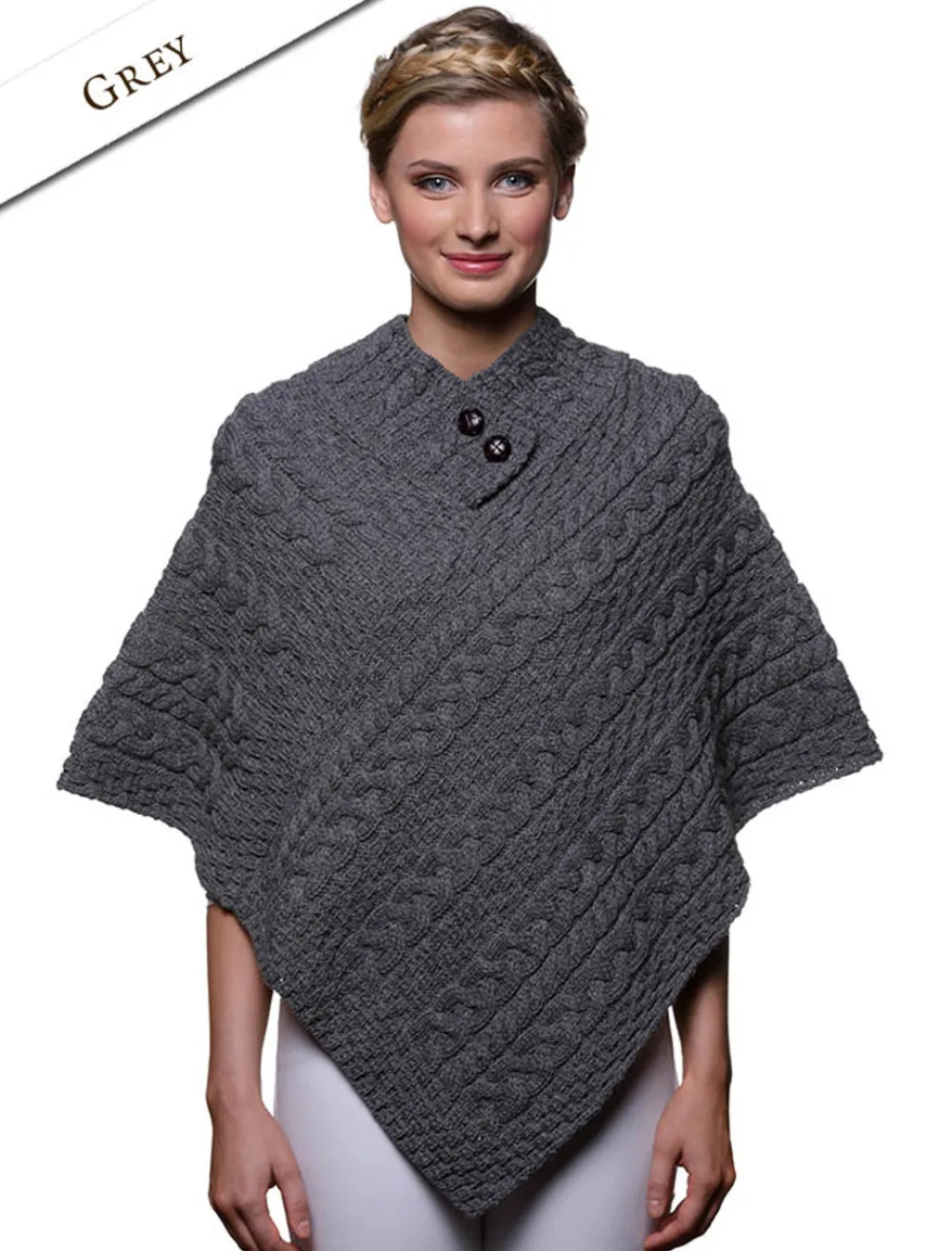 Fashion Cable Aran Poncho With Button Detail Women Ponchos, Capes & Shawls