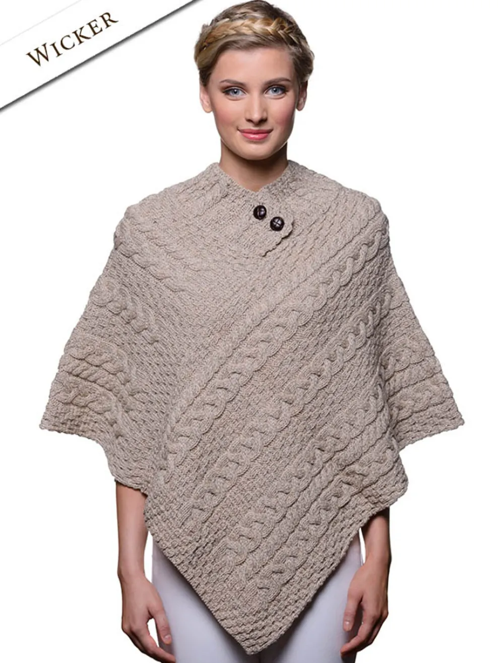 Fashion Cable Aran Poncho With Button Detail Women Ponchos, Capes & Shawls