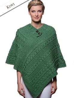 Fashion Cable Aran Poncho With Button Detail Women Ponchos, Capes & Shawls