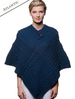 Fashion Cable Aran Poncho With Button Detail Women Ponchos, Capes & Shawls