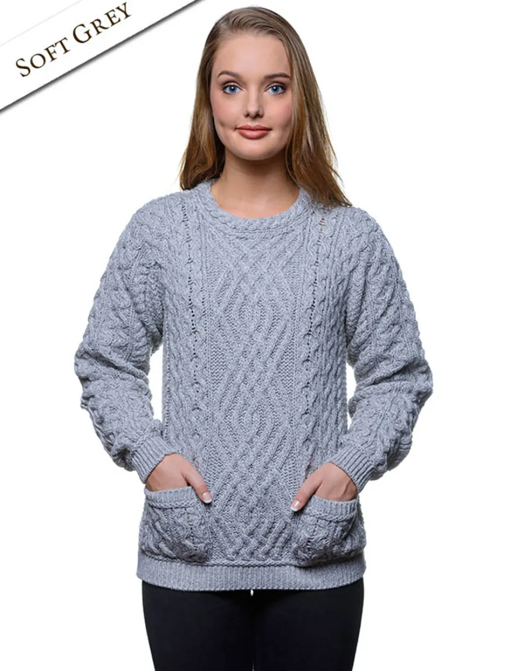 Flash Sale Cable Crew Neck Sweater with Pockets Women Sweaters