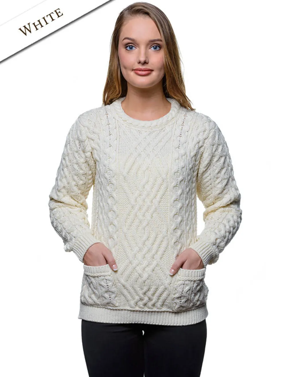 Flash Sale Cable Crew Neck Sweater with Pockets Women Sweaters