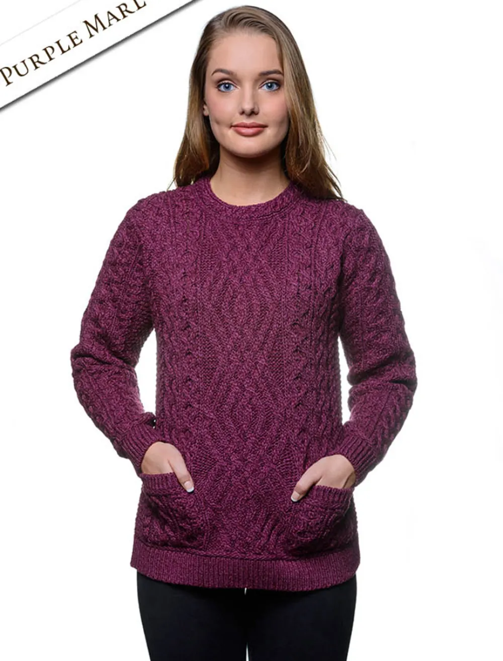 Flash Sale Cable Crew Neck Sweater with Pockets Women Sweaters