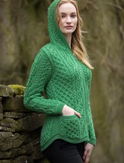 Cheap Cable Knit Hoodie with Celtic Knot Zipper Pull Women Cardigans, Jackets & Coatigans