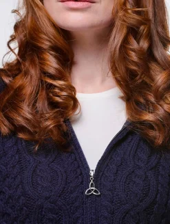 Cheap Cable Knit Hoodie with Celtic Knot Zipper Pull Women Cardigans, Jackets & Coatigans