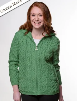 Cheap Cable Knit Hoodie with Celtic Knot Zipper Pull Women Cardigans, Jackets & Coatigans