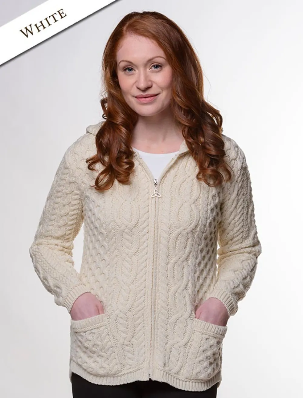 Cheap Cable Knit Hoodie with Celtic Knot Zipper Pull Women Cardigans, Jackets & Coatigans