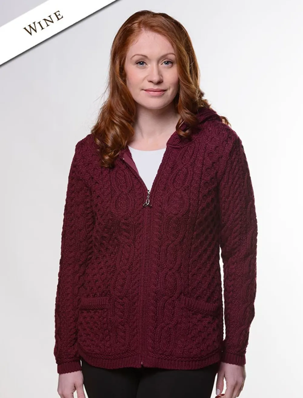 Cheap Cable Knit Hoodie with Celtic Knot Zipper Pull Women Cardigans, Jackets & Coatigans