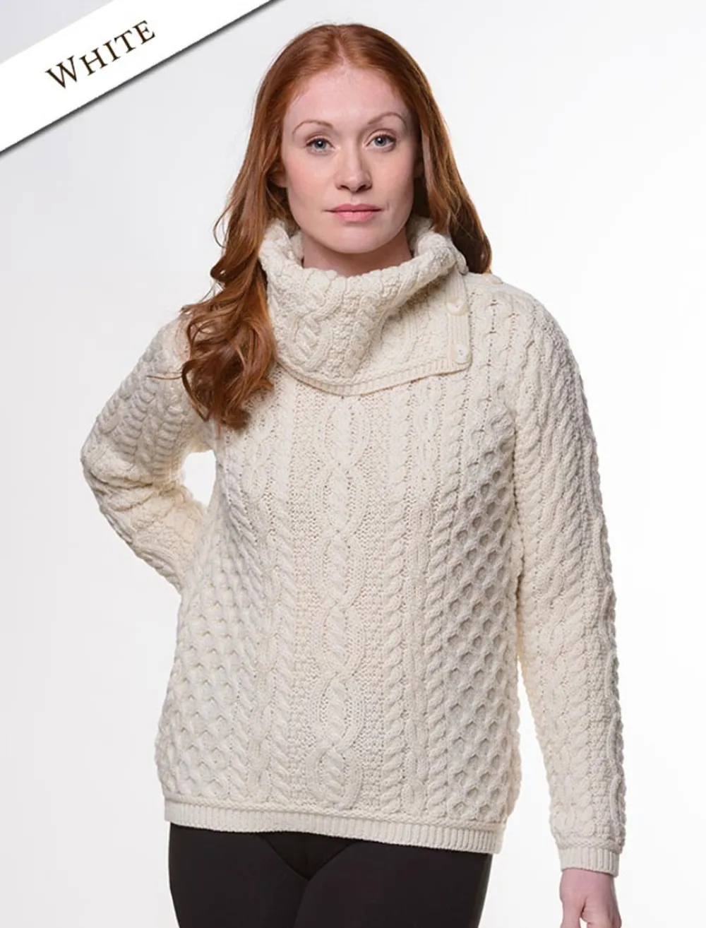 Discount Cowl Button Neck Aran Sweater Women Sweaters