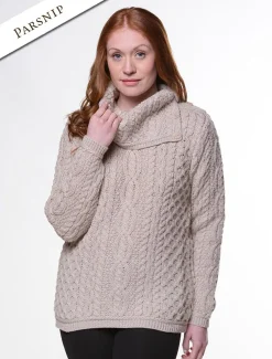 Discount Cowl Button Neck Aran Sweater Women Sweaters