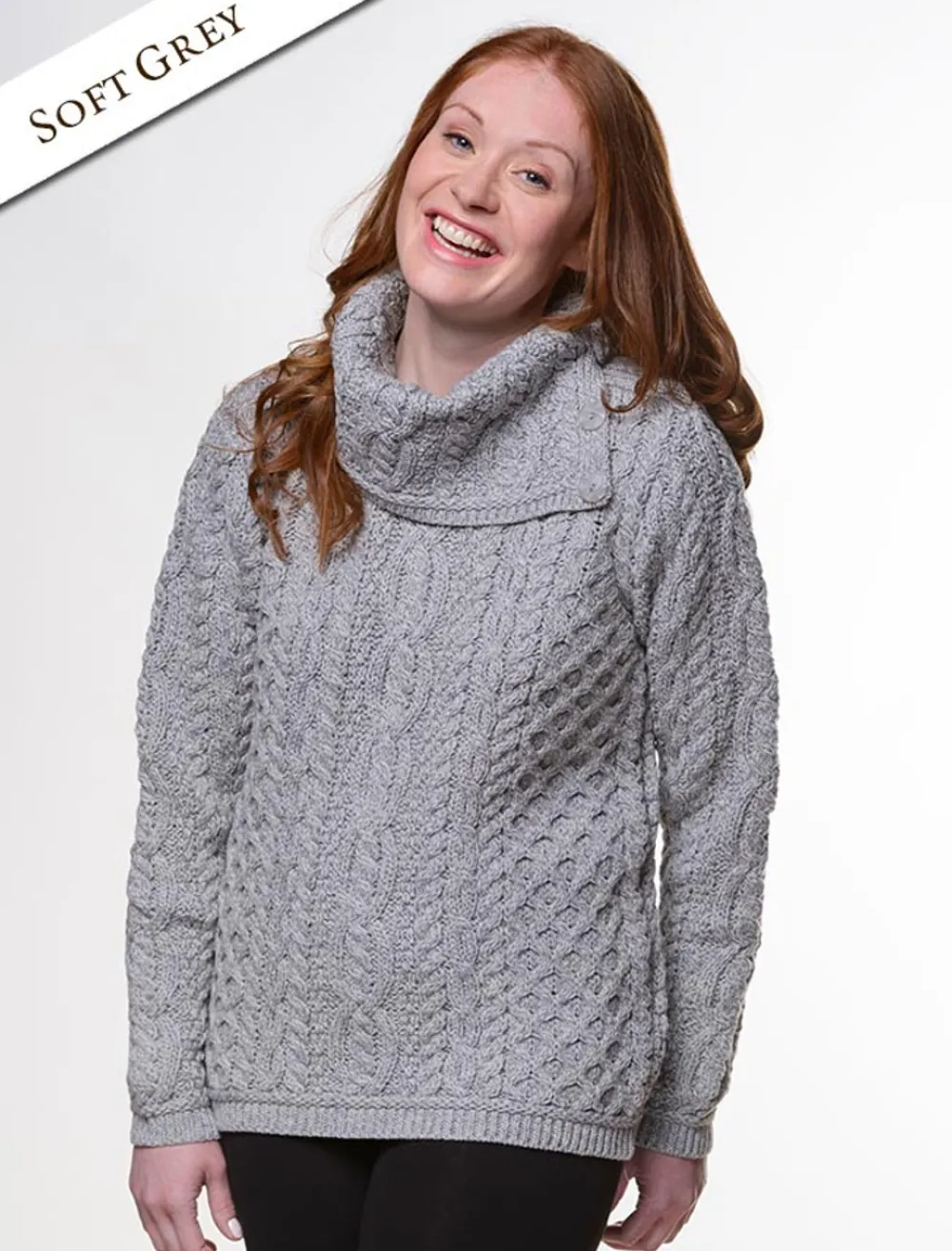 Discount Cowl Button Neck Aran Sweater Women Sweaters