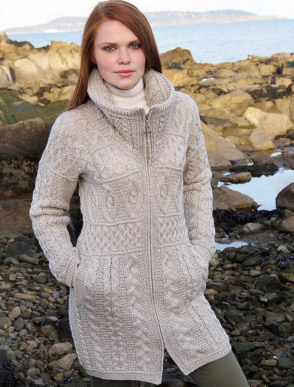 New Double Collar Merino Aran Coat Women Cardigans, Jackets & Coatigans