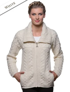 Online Double Collar Zip Merino Aran Cardigan Women Cardigans, Jackets & Coatigans