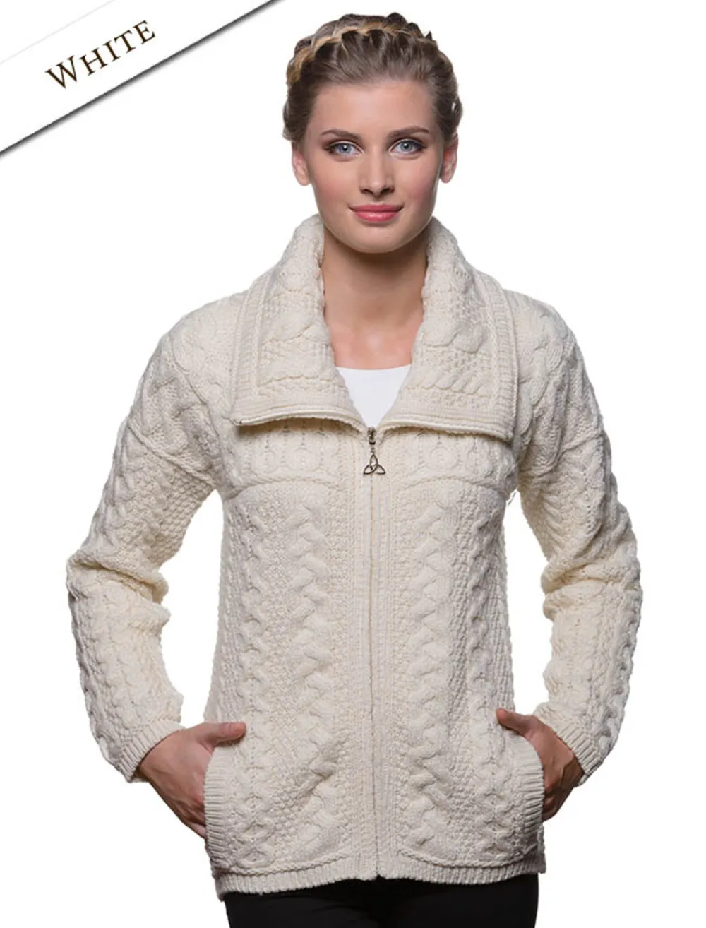Online Double Collar Zip Merino Aran Cardigan Women Cardigans, Jackets & Coatigans