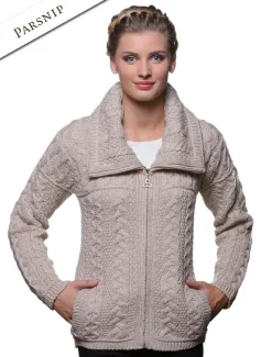 Online Double Collar Zip Merino Aran Cardigan Women Cardigans, Jackets & Coatigans