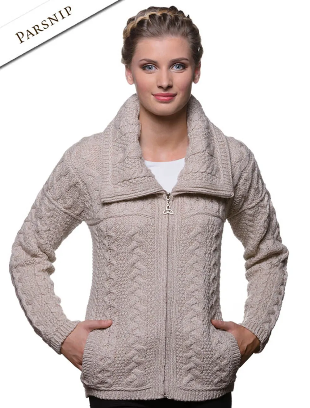 Online Double Collar Zip Merino Aran Cardigan Women Cardigans, Jackets & Coatigans