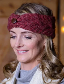 Clearance Fleece Lined Aran Cable Headband with Button Women Caps & Hats