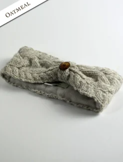 Clearance Fleece Lined Aran Cable Headband with Button Women Caps & Hats