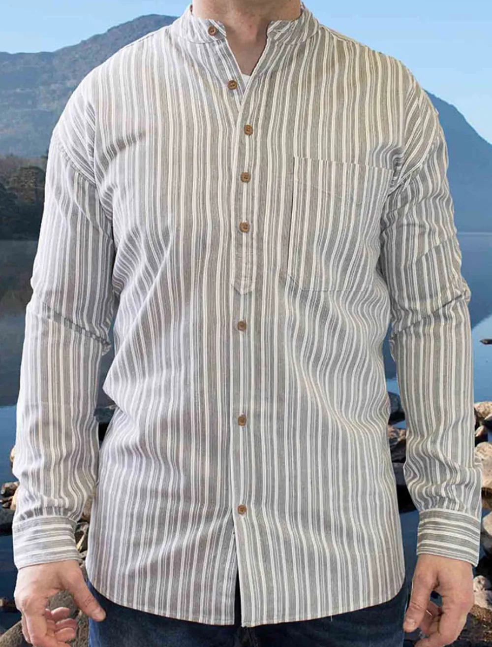 Outlet Heavyweight Grandfather Shirt - Grey Stripe Grandfather Shirts And Waistcoats