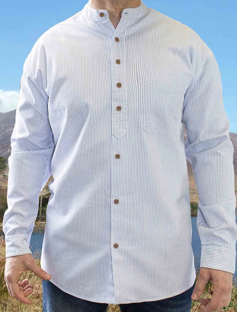 Cheap Heavyweight Grandfather Shirt - Blue Pin Stripe Grandfather Shirts And Waistcoats