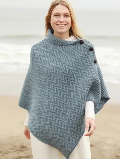 Shop Herringbone Merino Poncho with Button Detail Women Ponchos, Capes & Shawls