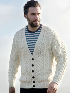 Online Merino Wool Aran Men's V-Neck Cardigan Cardigans, Jackets & Coats